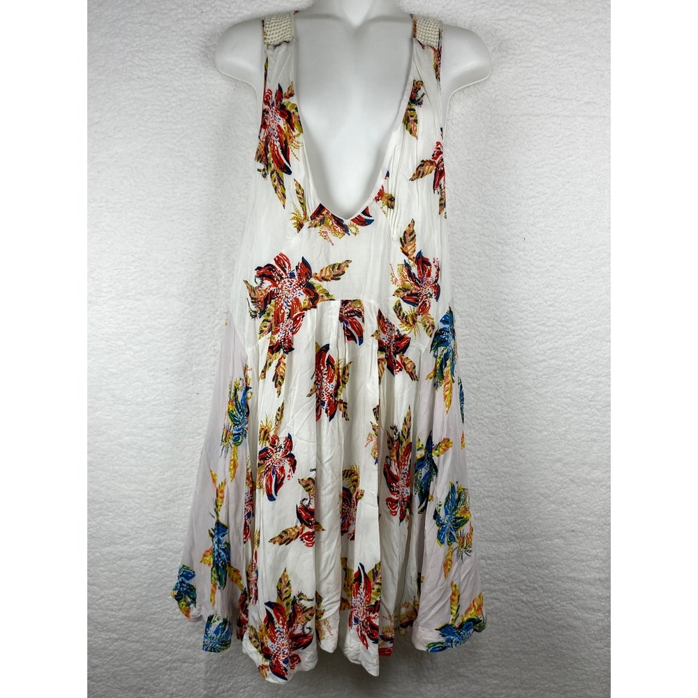 Free People Floral Mini Dress White Tropical Crochet Strappy Open Back Boho S-M